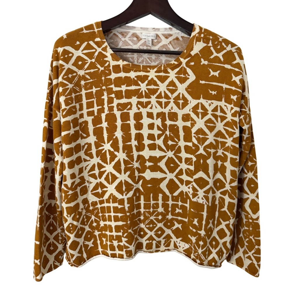 Garnet Hill Womens Silk Cotton Geometric Knit Sweater Mustard White Size Medium